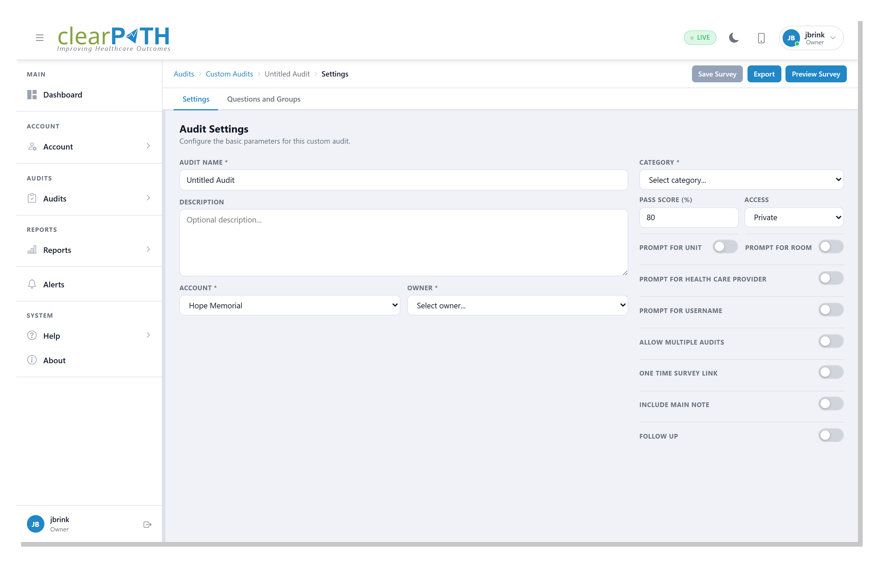 Audit Settings editor showing per-audit configuration toggles