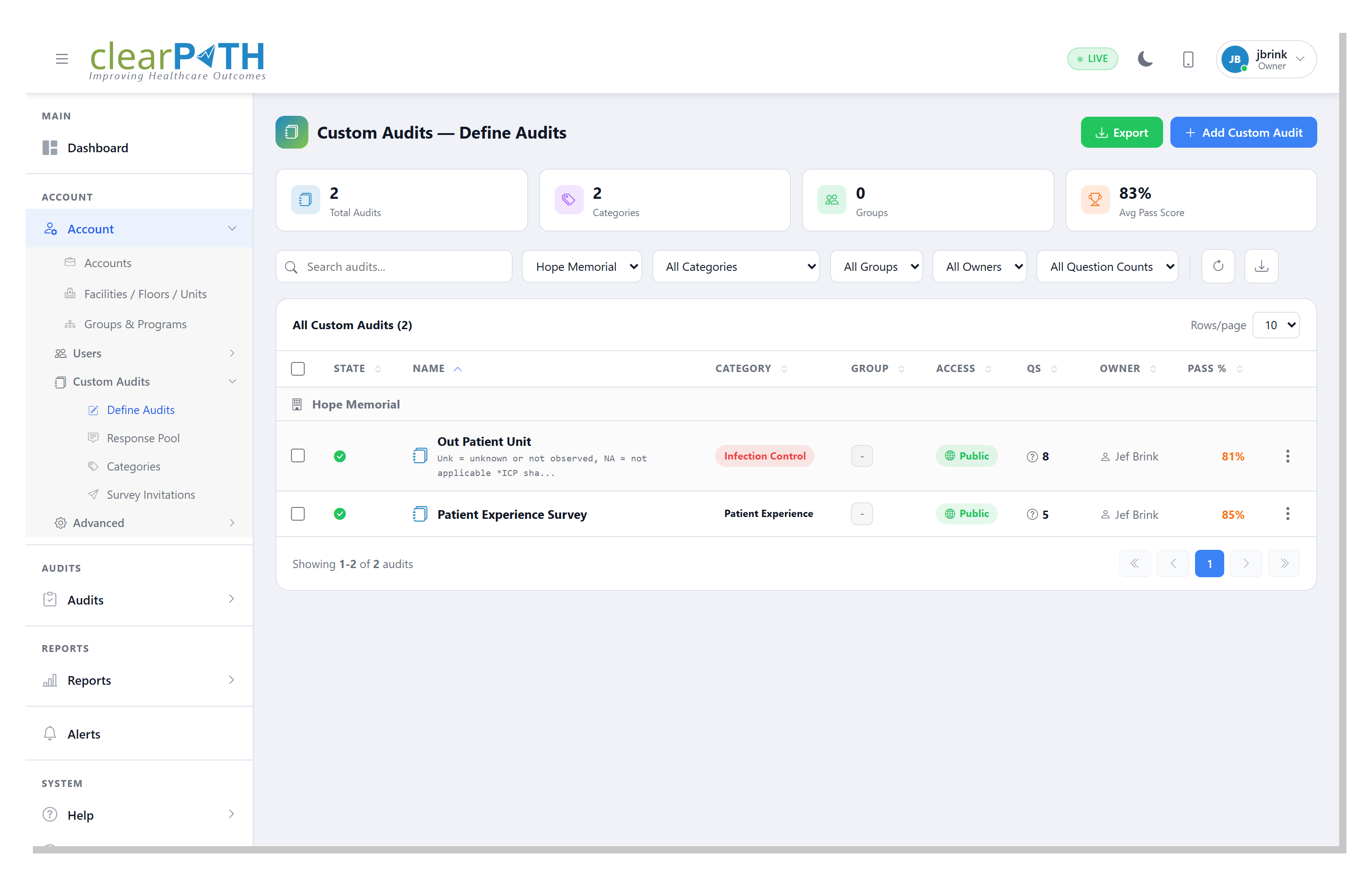 Custom Audits — Define Audits list view