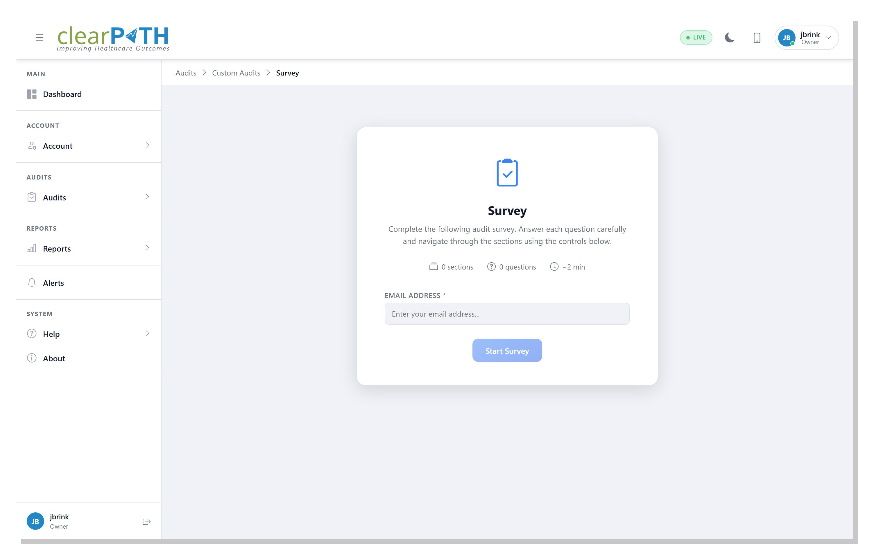 Custom Audit survey start screen