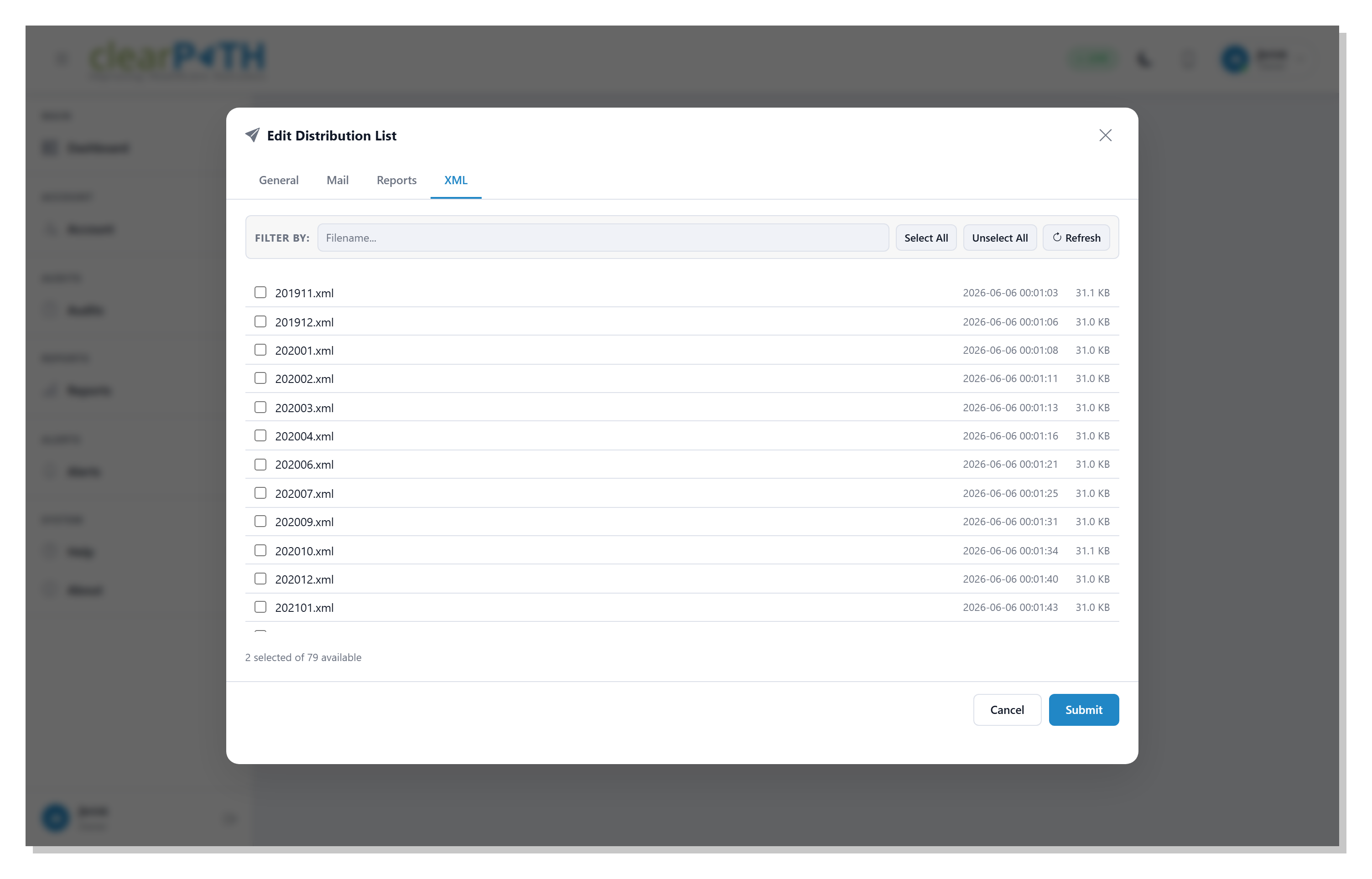 clearPath distribution list XML tab with selectable compliance files