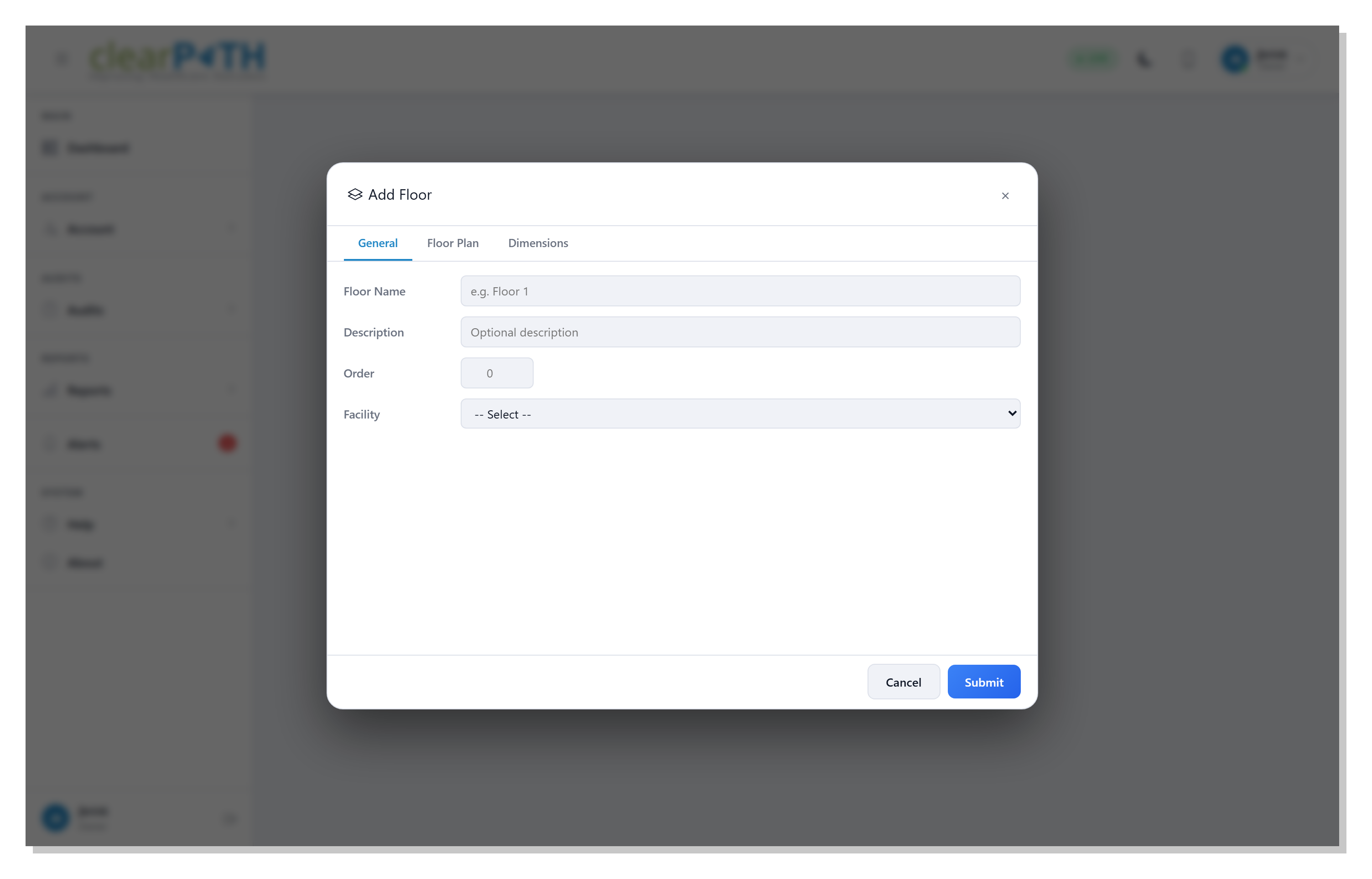 clearPath floor editor showing the General tab