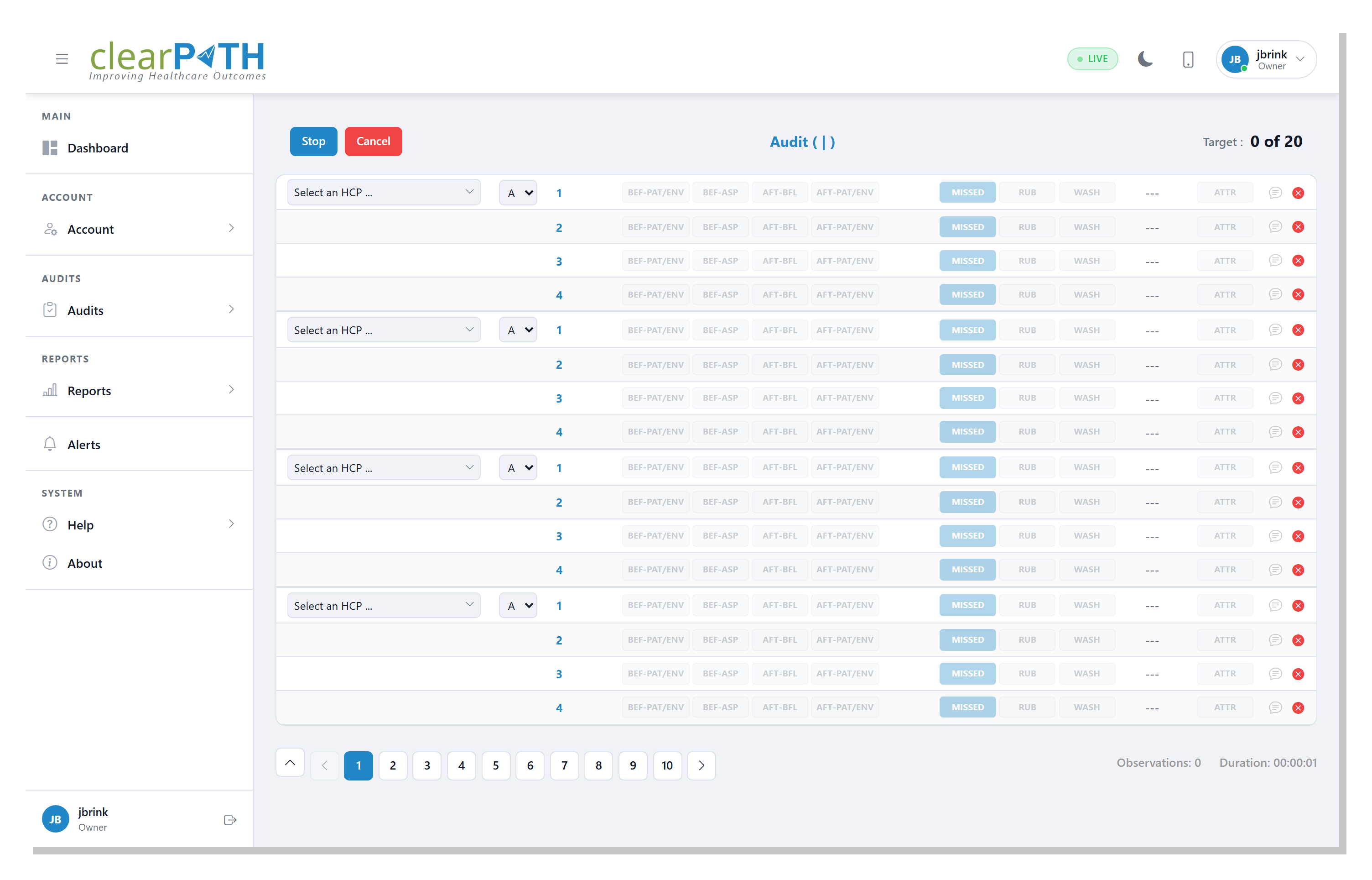Web observer running a live hand hygiene audit in the browser
