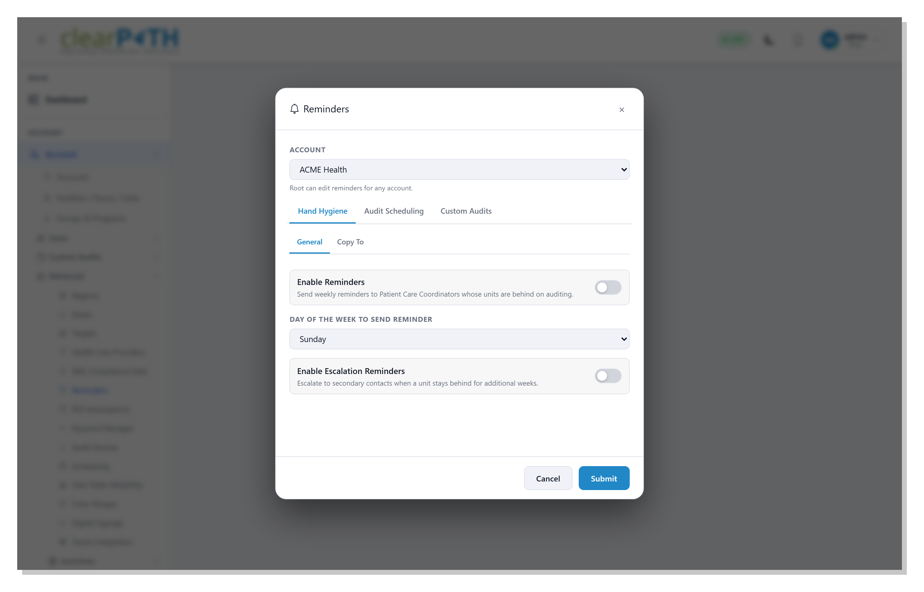 clearPath hand hygiene reminder settings
