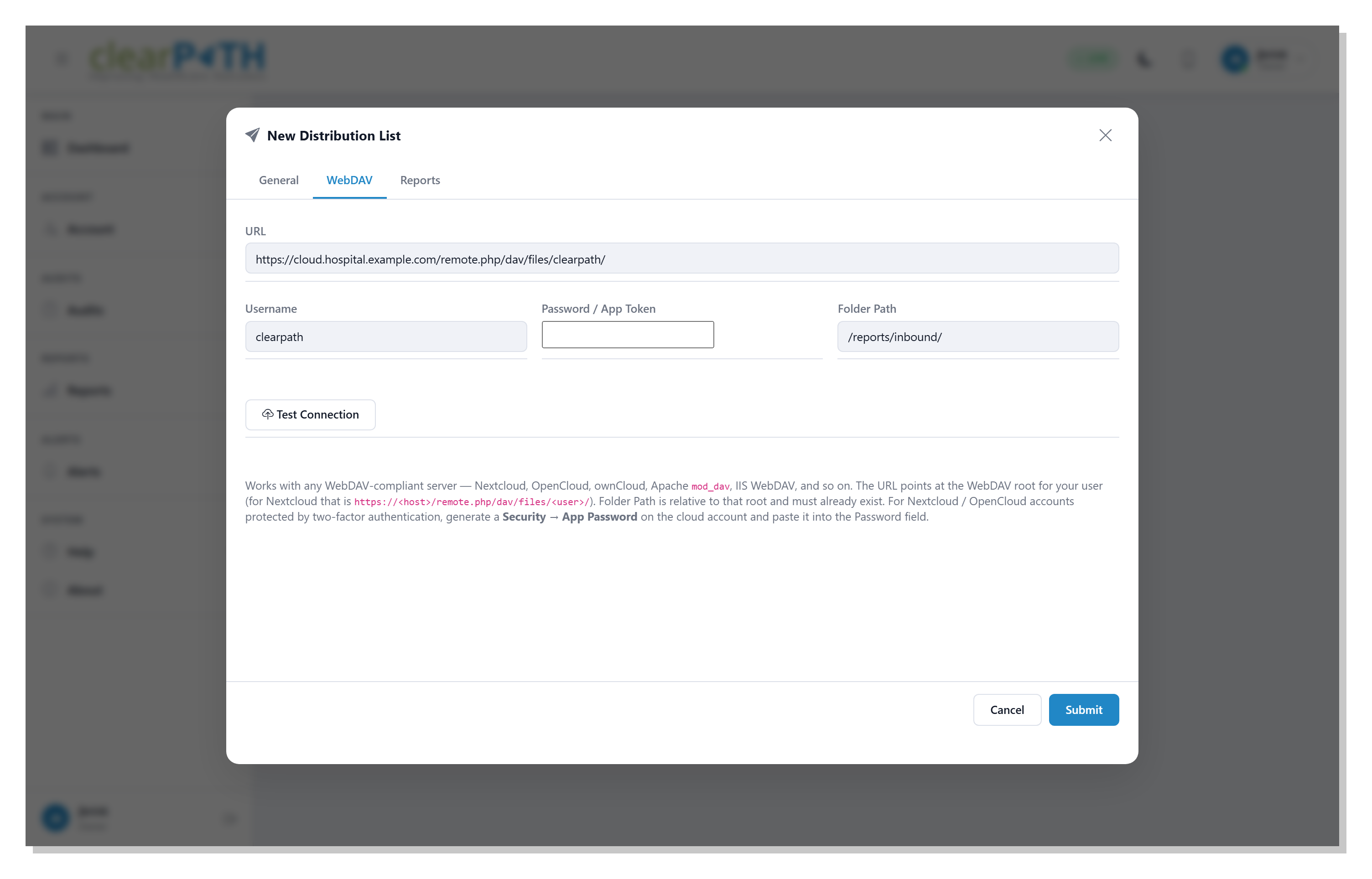clearPath WebDAV delivery configuration with Test Connection