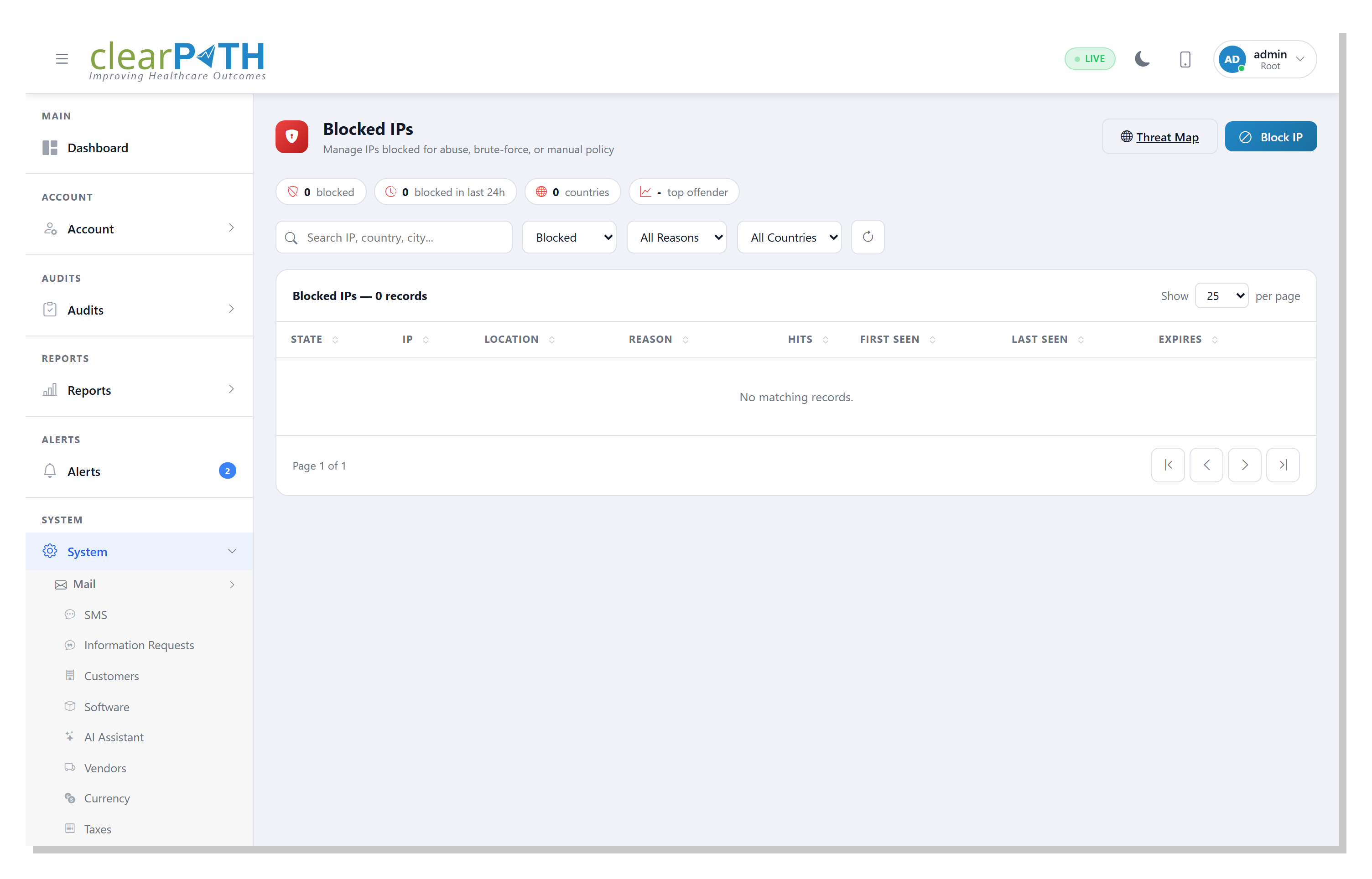 clearPath Blocked IPs list with reason, location, and hit counts