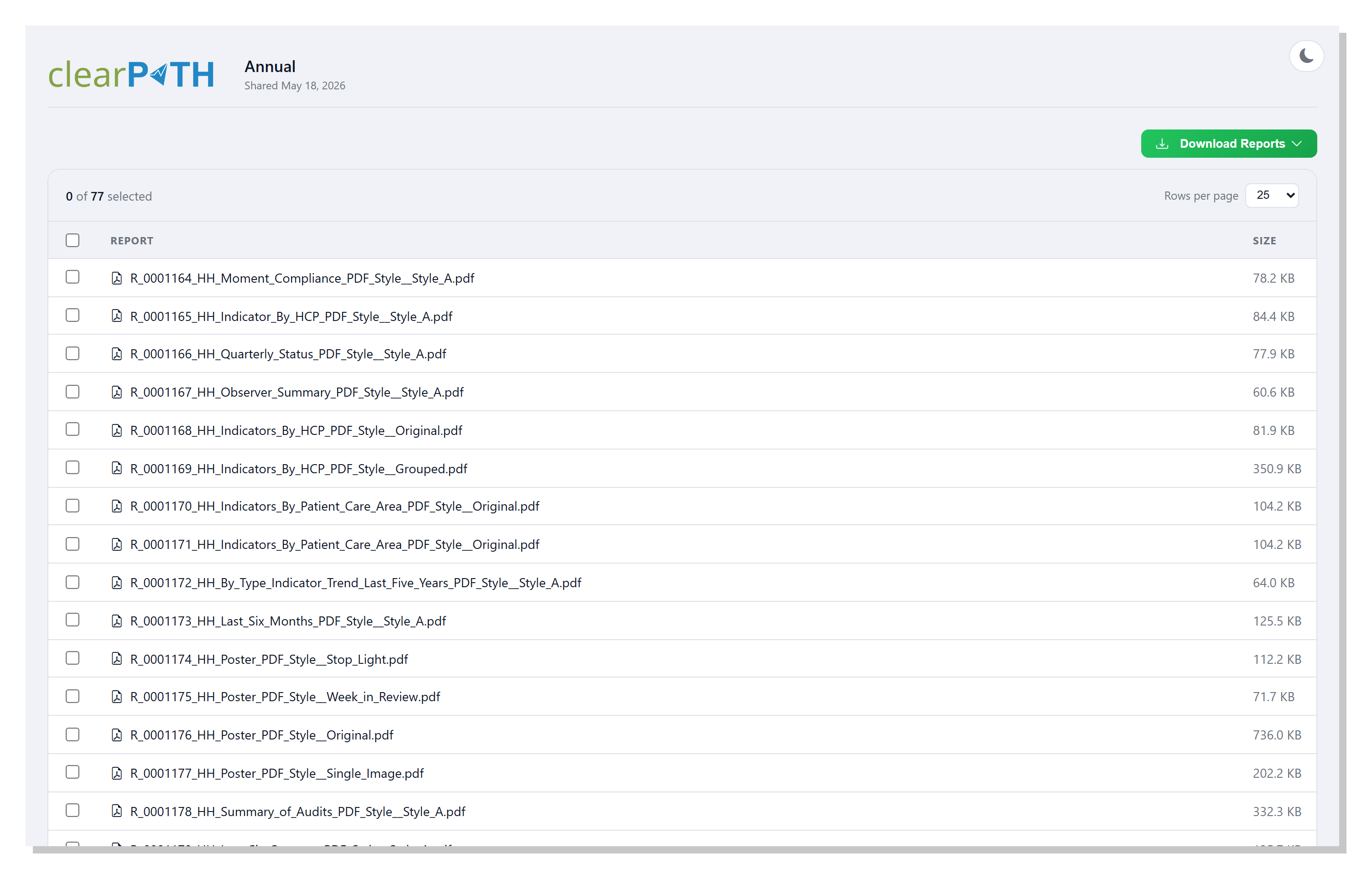 Report download portal — pick reports to download individually or all at once