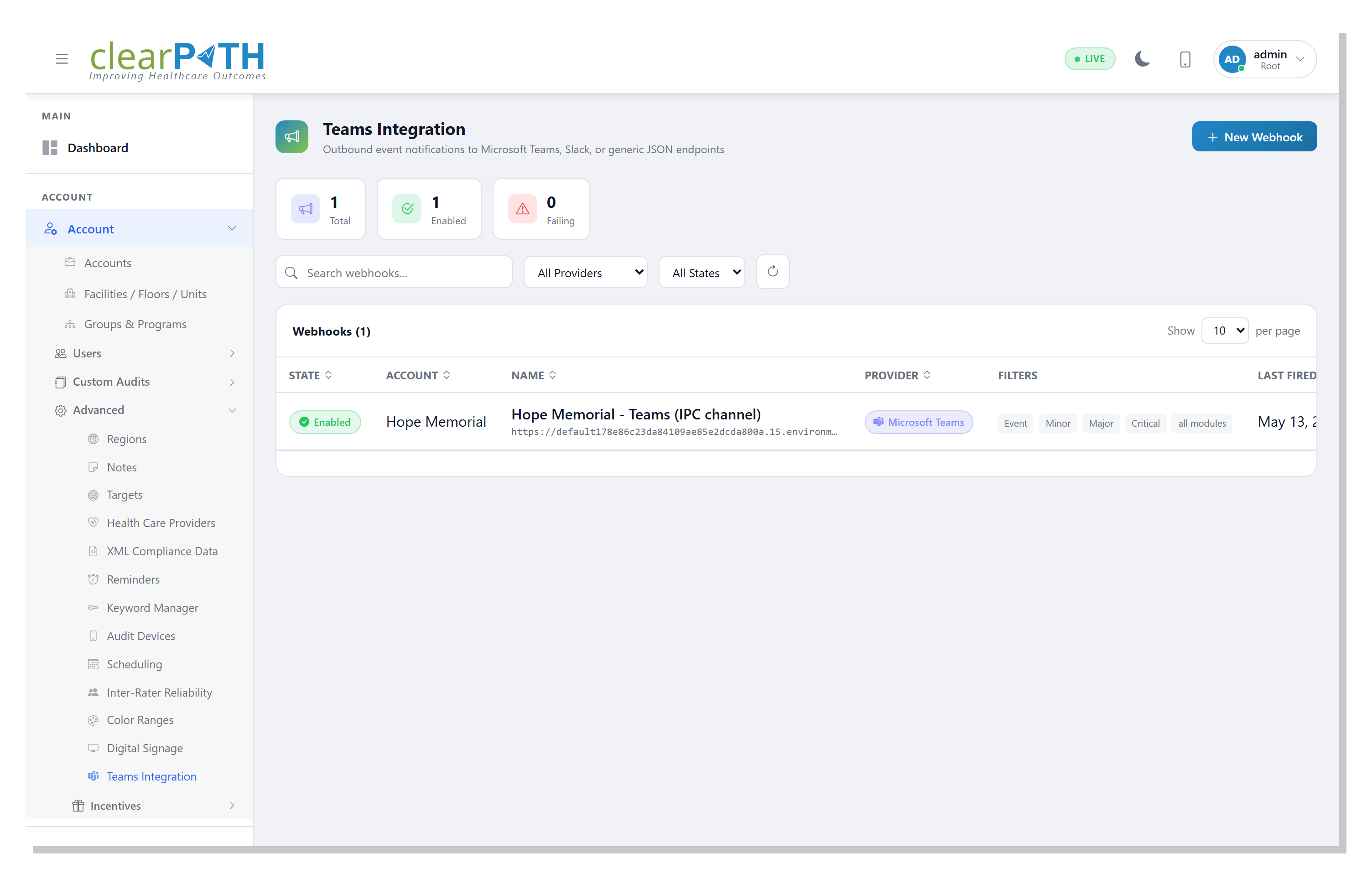Teams Integration list with state pills and per-row provider, filters, and last result